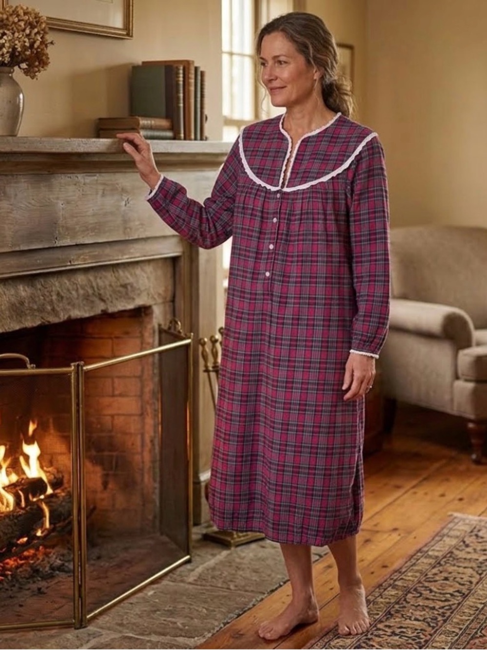 Vintage Lanz Of Salzburg Night Gown Women Large Red Plaid Flannel Ruffle Midi